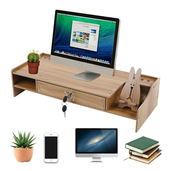 Loyalheartdy Computer Monitor Riser Stand Cherry Wood Color Density Board Laptop Shelf W/ Lockable Drawer for Home, Office