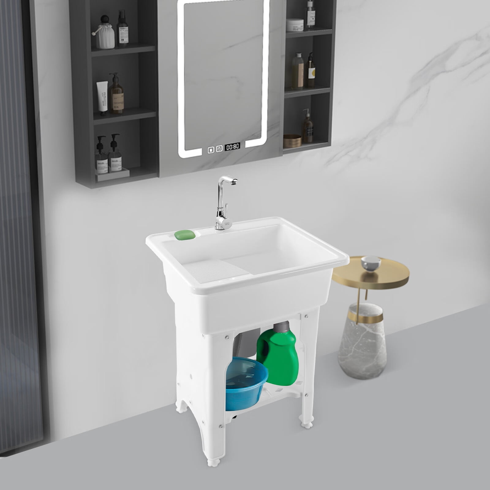 Loyalheartdy Freestanding Plastic Laundry Sink Indoor/Outdoor Utility Sink with Washboard/Cold & Hot Water Faucet/Hoses and Drain Kit 29.5In
