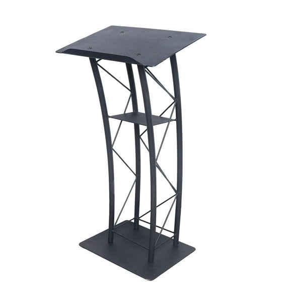 Loyalheartdy Metal Wood Curved Podium Black Conference Lectern School Office Church Pulpit Stand Reception Table Detachable