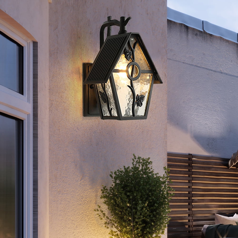 Loyalheartdy Outdoor Wall Sconces Light Retro European Style Metal Wall Light w/Frosted Glass Lampshade for Gardens Courtyard