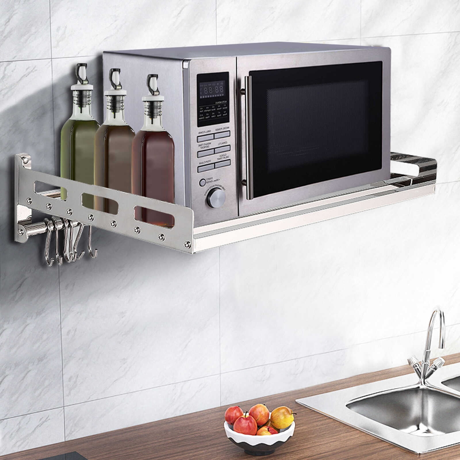 Loyalheartdy Wall Mount Microwave Oven Bracket 201 Stainless Steel Wall Seasoning Shelf w/ 12 Hooks for Kitchen (Silver)