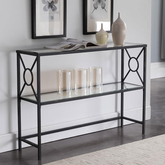 Loyd Texture Black Metal Entryway Console Sofa Table with Glass Shelf (Brushed Copper)