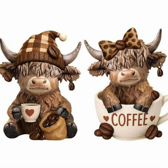 Loyerfyivos 2 Pcs Highland Cow Figurines Coffee Highland Cow Gnomes Scottish Resin Statue Calf Lovers Gifts for Christmas Home Garden Kitchen Office Tiered Tray Table Decor