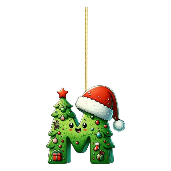 Loyerfyivos 26 Green Alphabet Ornaments for Christmas Tree Initial Letter Santa Claus Pendant with Xmas Tree Mini Monogram Hanging Decorations for Christmas Tree Party Gifts DIY Decor (M)