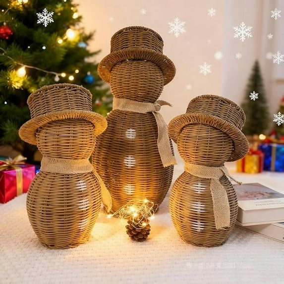 Loyerfyivos 2PCS Rustic Wicker Snowman Figurines with Scarf, Vintage Rattan Snowman Statue for Winter Holiday Xmas Home Table Shelf Fireplace Desk Room Decor, Snowman Decor, 11"+16.7", Brown