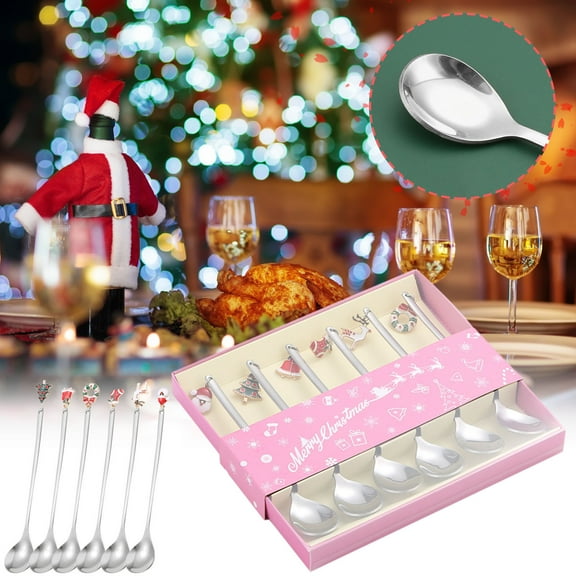 Loyerfyivos 6pcs Spoon Box Coffee Spoon Stainless Steel Spoons Dessert Spoon Stirring Spoons Xmas Spoons Christmas Spoons Christmas Spoons Mixing Spoons (6 x Spoons)