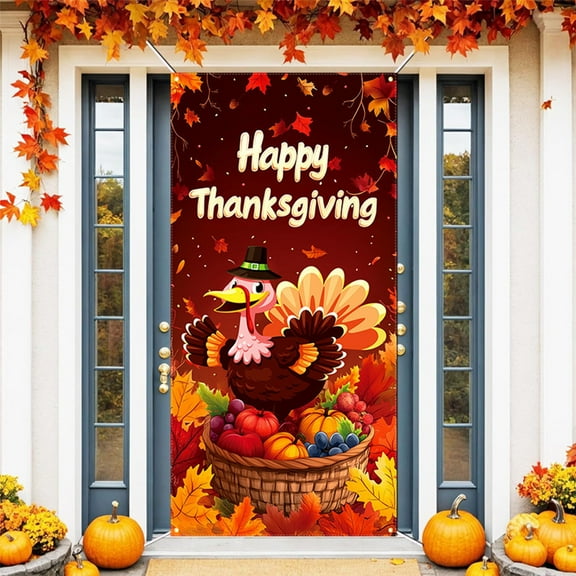 Loyerfyivos 70 x 35 Inch Happy Thanksgiving Banner Door Cover, Fall Harvest Turkey and Pumpkin Themed Porch Sign, Front Door Wall Backdrop for Indoor Outdoor Party Decorations and Photo Booth Props