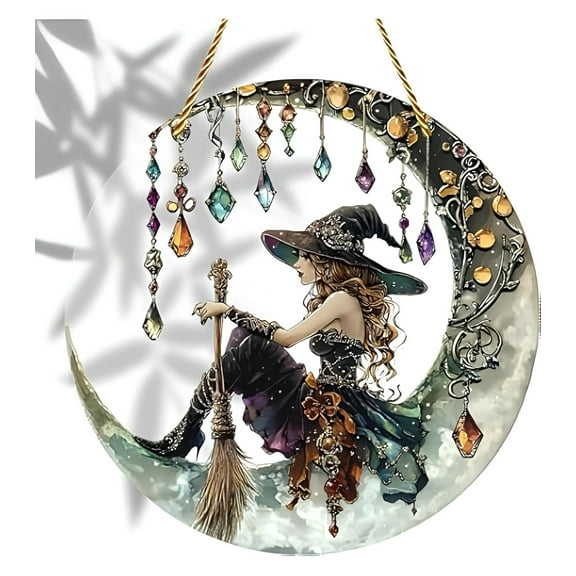Loyerfyivos 8x8 inch Charming Moonlight Witch Acrylic Stained Glass Window Hanging Sun Catcher Decor Stained Panel Hangings Wall Art Decor, for Friends and Family (Moonlight Witch)