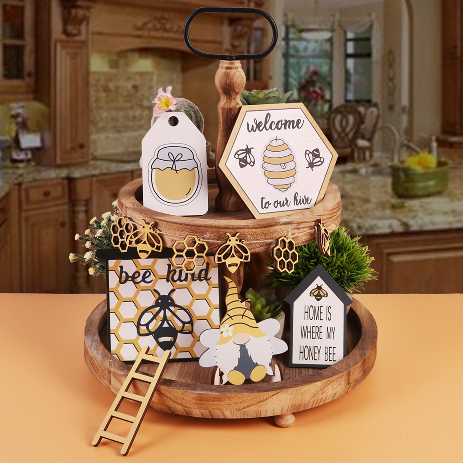 Kitticcino Bee Tiered Tray Decor Spring Farmhouse Decor Gnomes Wood Shelf  Decor Summer Kitchen Decor for Home Bumble Bee Decorations Honey Bee Wooden