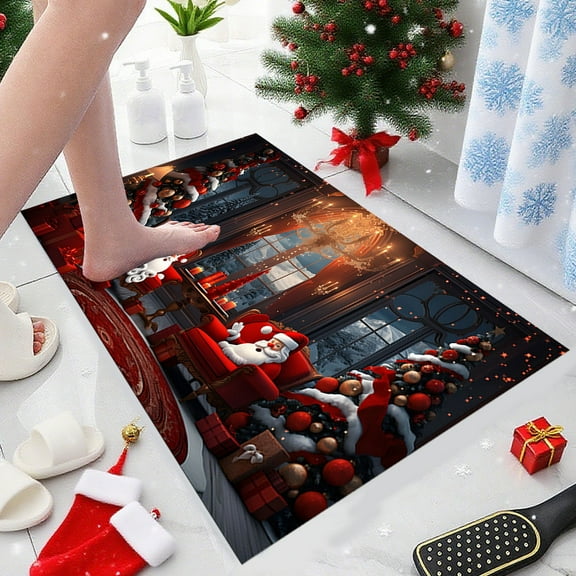 Loyerfyivos Christmas Area Rugs for Living Room, Xmas Tree Santa Elk Moon Night Non Slip Washable Rug Runner, Low Pile Indoor Floor Carpet Mat Bathroom Rugs for Bedroom