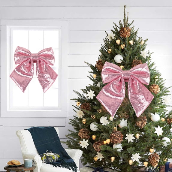 Loyerfyivos Christmas Decorative Bow, Christmas Sequined Bow, Glitter Christmas Bow, Christmas Tree Accessories, for Christmas Wreath Door Window Hangings Party Decorations (Pink)