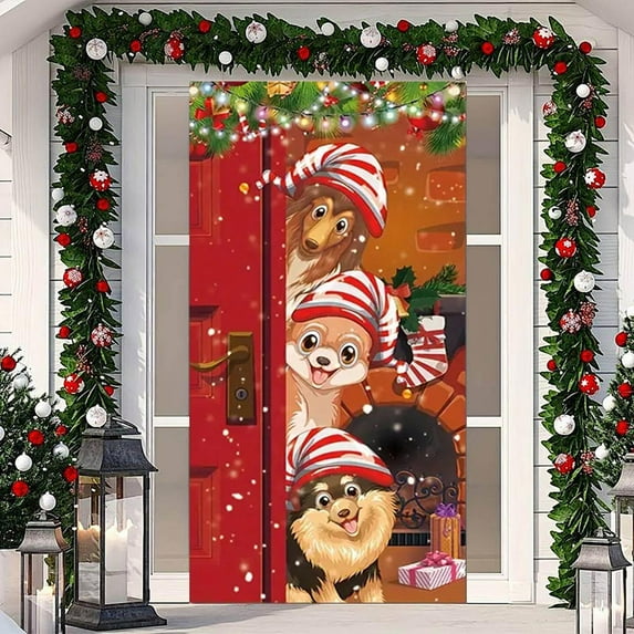 Loyerfyivos Christmas Door Cover Decoration, Santa Claus Door Cover Xmas Door Hanging Banner Christmas Eve Background for Home Front Door Holiday New Year Decoration (Red)