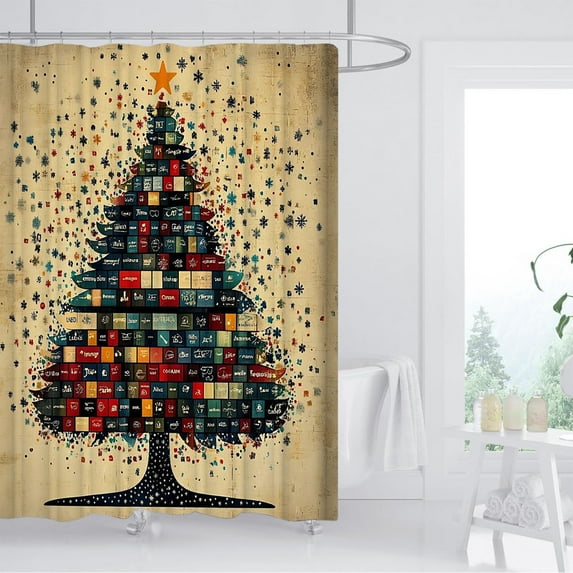 Loyerfyivos Christmas Shower Curtain for Bathroom 60x70 inches Red X-mas Shower Curtain Set with Hooks Elk Christmas Trees Snowflakes Decor Waterproof Fabric Shower Curtain