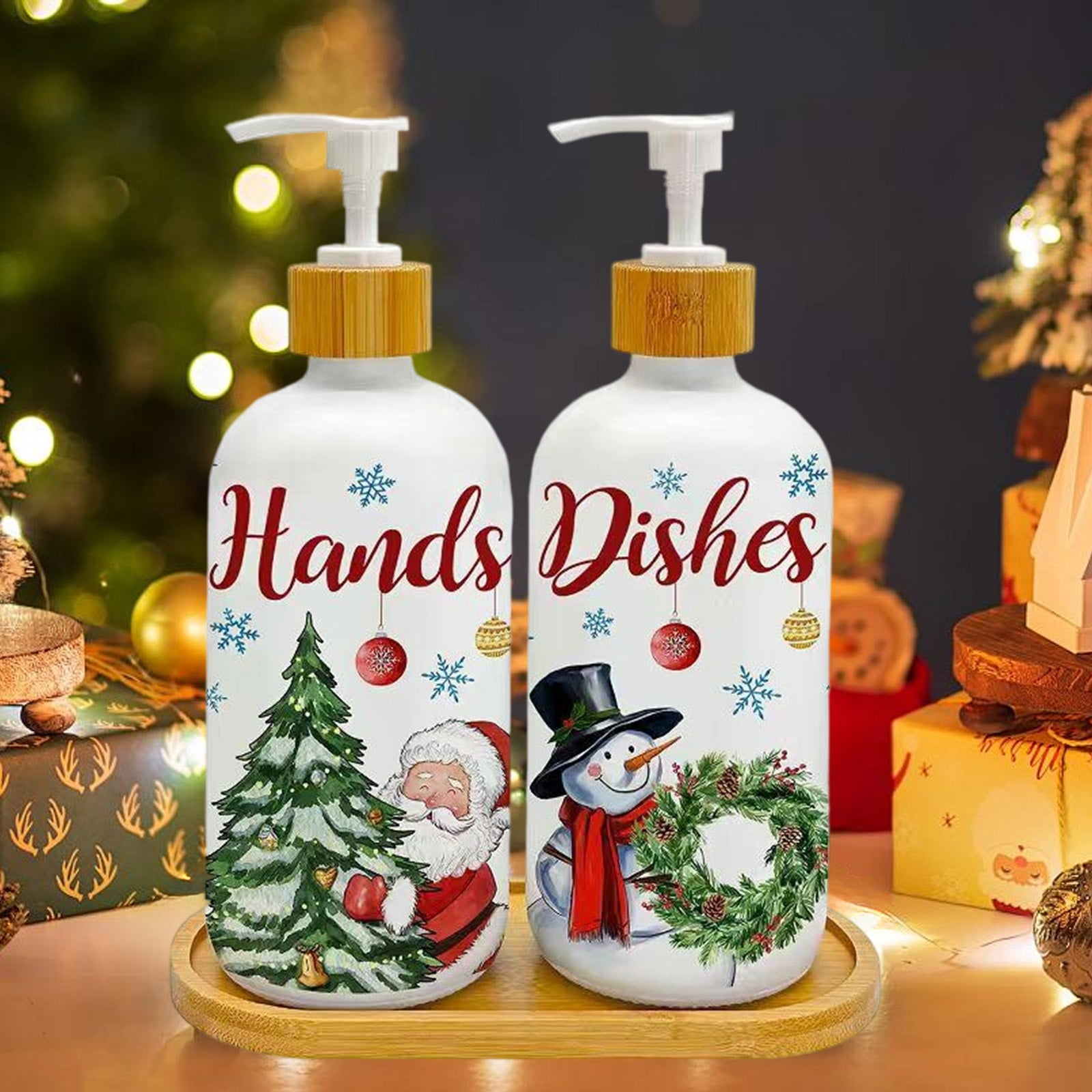 Loyerfyivos Christmas Soap Dispenser Set 2 Pack Snowman Tree Glass Pump Bottles Holiday Hand Soap Lotion Dispenser For Kitchen Bathroom Countertop Decor