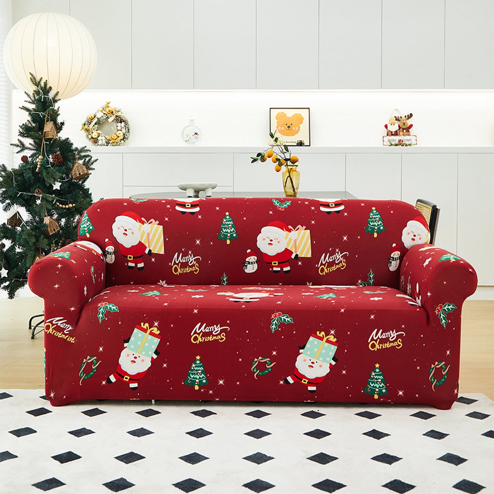 Loyerfyivos Christmas Sofa Cover Santa Claus Printed Sofa Couch Cover Washable Furniture Protector with Elastic Bottom Xmas Home Room Festival Decoration (3 Seater)