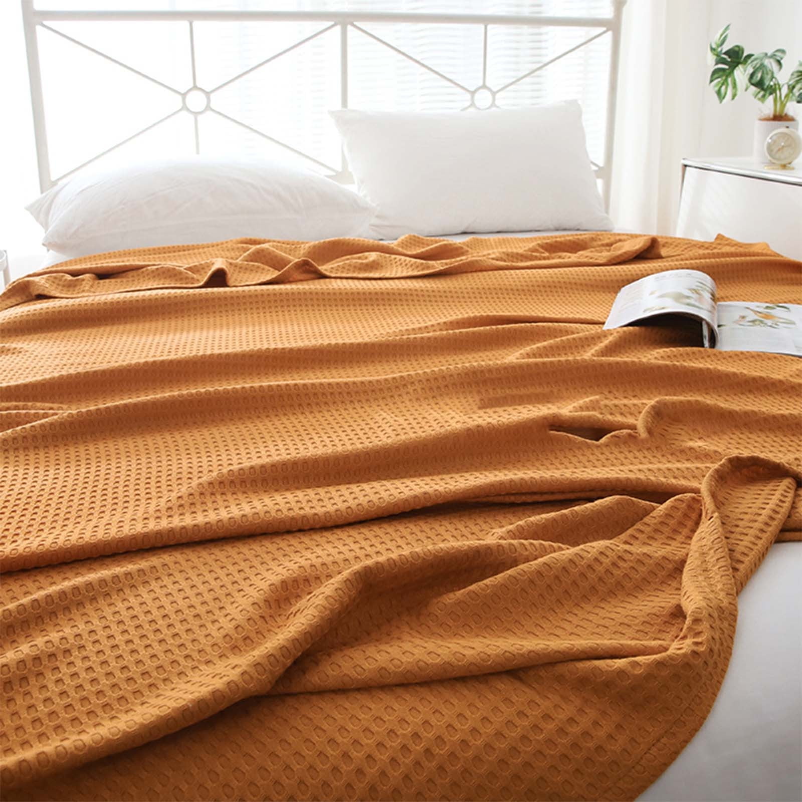 Loyerfyivos Cotton Blankets Queen Size for Bed - Waffle Weave Blankets for Summer, Lightweight and Breathable Soft Woven Blankets for Spring, White, 43.31x59.05in (Orange)