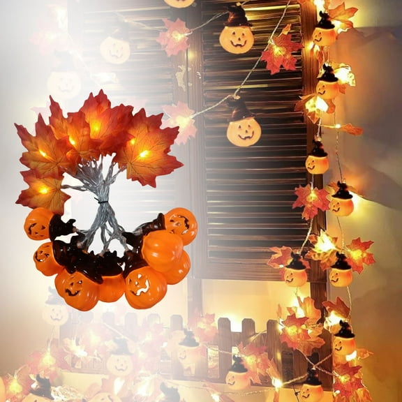 Loyerfyivos Fall Pumpkin Garland Lights Fall Decorations Realistic Larger Maple Leafed String Light, Total 2M 10LED Fall Lights Indoor Home Outdoor Thanksgiving Halloween Decor - Plug-in Power Supply