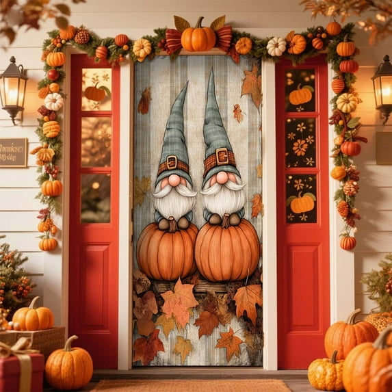 Loyerfyivos Fanciful Gnome Door Cover Banner, Rustic Autumn Decor for Front Door, Fall Harvest Festival Indoor Outdoor Decoration 36x72 Inch