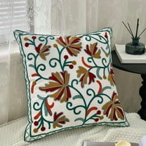 Loyerfyivos Floral Embroidered Fall Decorative Throw Pillow Cover 18"x 18", Boho Farmhouse Embroidery Patterned Orange Teal Cushion Case for Sofa Couch Living Room Bedroom Outdoor