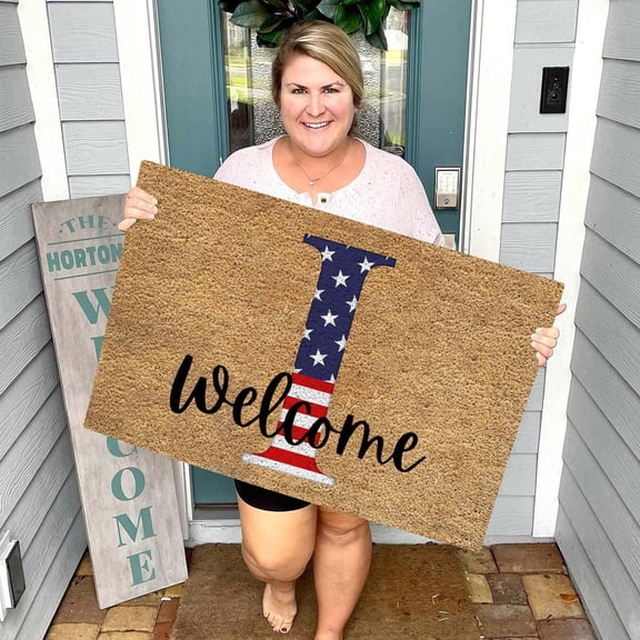 Loyerfyivos Fourth of July Alphabet Doormat, Independence Day Patriotic Doormat, A-Z Outdoor Welcome Mat, American Flag Welcome Entrance Rug, Bathroom Kitchen Indoor Stain and Fade Resistant Doormat