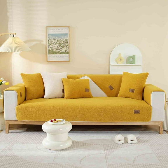 Loyerfyivos Funny Couch Covers for Sofa, Herringbone Chenille Fabric Furniture Protector Couch Cover, Non Slip Simple Striped Chenille Anti-Scratch Couch Pet Magic Sofa Cover (Yellow,28x36in)