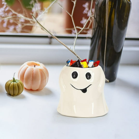 Loyerfyivos Ghost Vase Bucket, Halloween 2024 New Ghost Flower Pot, Cute Ghost Planter, Ceramic Candy Bowl Halloween Candy Holder Bucket, Treat Buckets Outdoor Garden Decoration