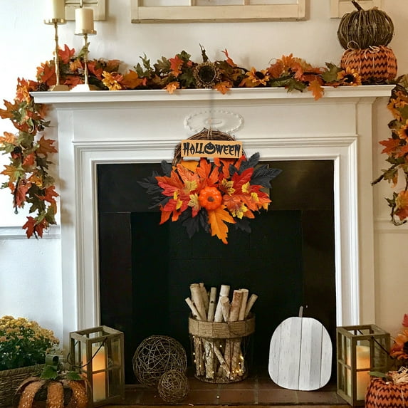 Loyerfyivos Halloween Door Decorations Home Outside Hello Signs Decor Welcome, Halloween Wreaths for Front Outdoor Indoor Window Thanksgiving Garland Yard Hanging Vintage Maple Leaves Wreath Decor