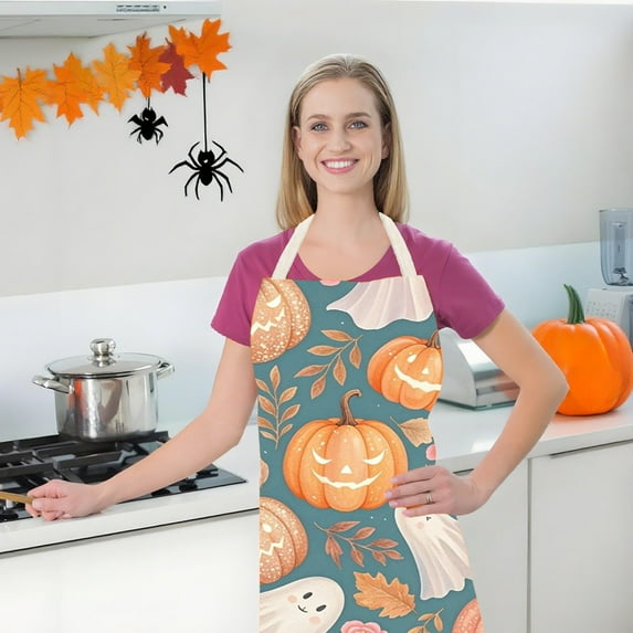 Loyerfyivos Happy Halloween Apron for Women, Cute Halloween Pumpkin Ghost Cat Witch Bat Aprons Scary Halloween Apron for Women Men Chef Cooking Grilling Apron for Halloween Dinner BBQ Party