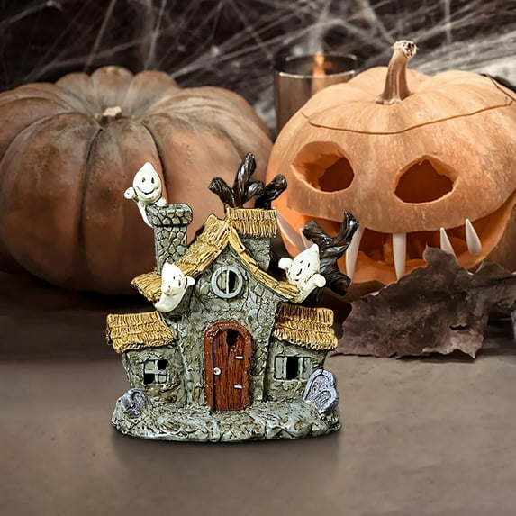 Loyerfyivos Haunted House Figurine With Bat Ghost Pumpkin for Halloween Decorations, Village Statue for Indoor Outdoor Party Decor, Modern Style Miniature Collectible Suitable