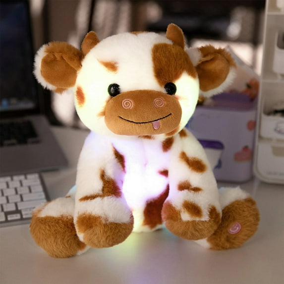 Loyerfyivos LED Plush Smile Cow Light up Stuffed Animal Diary Cattle Floppy Night Lights Glow in The Dark Birthday Festival for Kids Toddler Girls, 7.9''