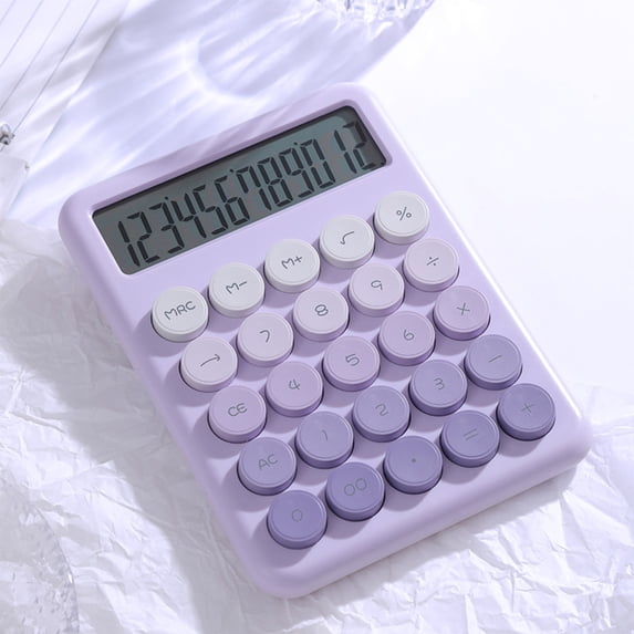Loyerfyivos Mechanical Calculator,Pink Calculator Cute 12 Digit Large LCD Display Big Round Button Calculator Use as Office Calculators Desktop 15°Tilt Screen for Kids Calculator (Purple)