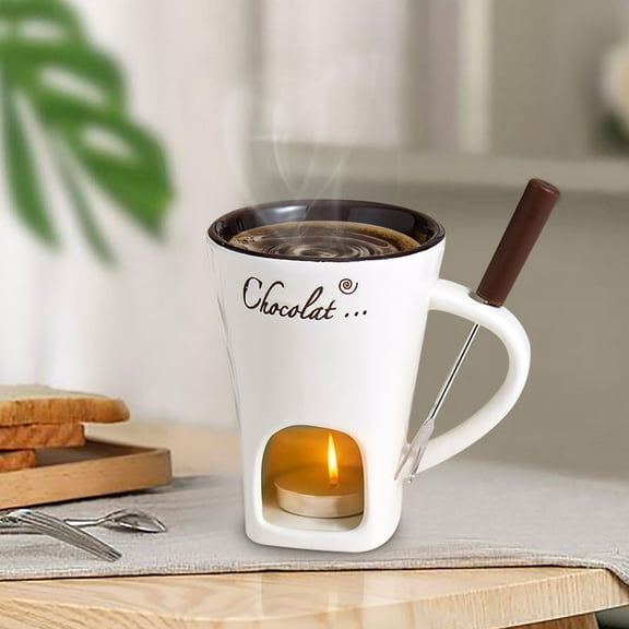 Loyerfyivos Personal Fondue Mugs Set | Ceramic Mugs for Chocolate or Cheese | Includes Forks | Vented | Great for Date Night Birthday & Wedding Gifts (White)