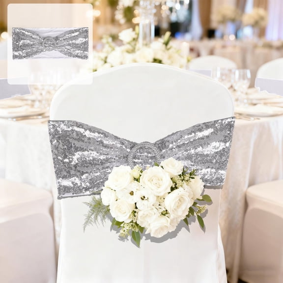 Loyerfyivos Sequin Chair Sashes with Buckles, Pack of 1 Stretchy Spandex Chair Bands One Side Sequin Bow for Wedding Party Banquet Reception Decoration (Royal Silver)