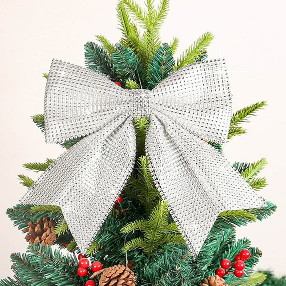 Loyerfyivos Silver Christmas Bow Wreaths Bows, Christmas Tree Bow Glitter, Xmas Decorative Bows Sequin Bow Ties for Home Ornament Decoration, Christmas Party, Gift Wrapping Decors