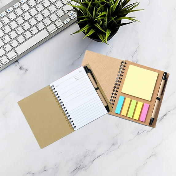 Loyerfyivos Spiral Notebook Steno Pads Lined Notepad with Pen in Holder, Sticky Notes, Page Marker Colored Index Tabs Flags, 4.72x14.5 in Kraft Paper Cover Small Pocket Notebooks, Khaki