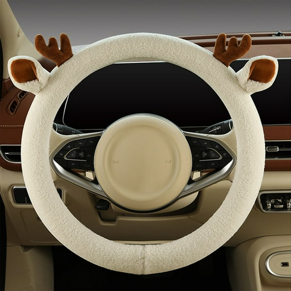 Loyerfyivos Steering Wheel Cover Winter Teddy Bear Fleece D-Shaped Cute Car Interior Accessory Women's Protective Cover Warm Grip Sleeve