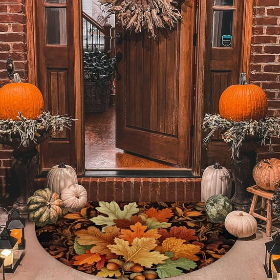 Loyerfyivos Thanksgiving Half Round Doormat, Autumn Fall Leaves Pumpkin Semicircle Door Mats, Non Slip Soft Area Rug for Indoor Entrance Wear Resistant Welcome Mat for Garage Patio Home Decor 24x36"