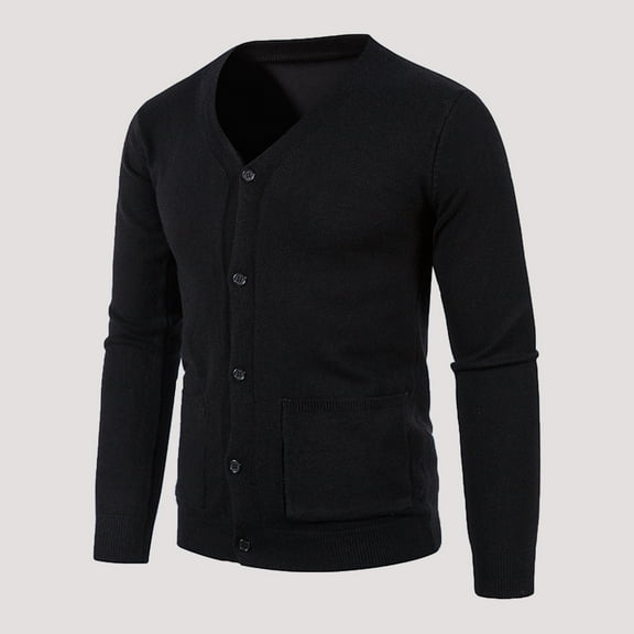 UTTOASFAY Autumn and Winter Men'S Leisure Slim Fit V-Neck Collar Cardigan Sweater Coat Black 8(XL)