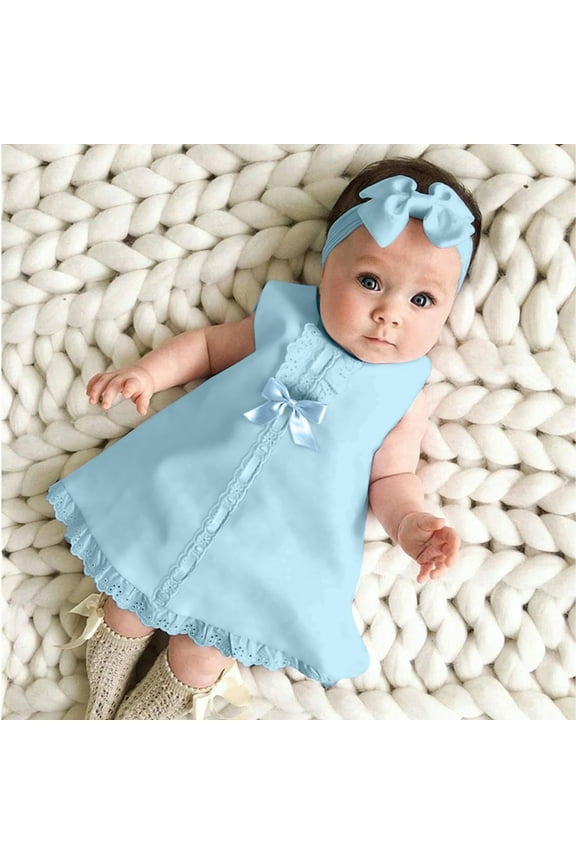 LoyisViDion Baby Girls Dress Baby Girl Sleeveless Casual Maxi Bow Dress+Headband Set Outfit Blue 18-24 Months