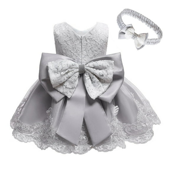 LoyisViDion Baby Girls Dress Clearance Baby Girls Lace Bowknot Princess Wedding formal Tutu Dress+Headband Set Clothes Gray 12-18 Months