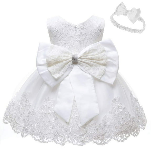UTTOASFAY Baby Girls Dress Baby Girls Lace Bowknot Princess Wedding formal Tutu Dress+Headband Set Clothes White 18-24 Months