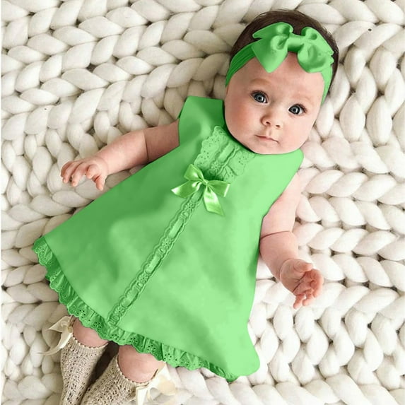 LoyisViDion Baby Girls Dress Clearance Newborn Baby Girl Sleeveless Casual Maxi Bow Dress+Headband Set Outfit Green 0-6 Months