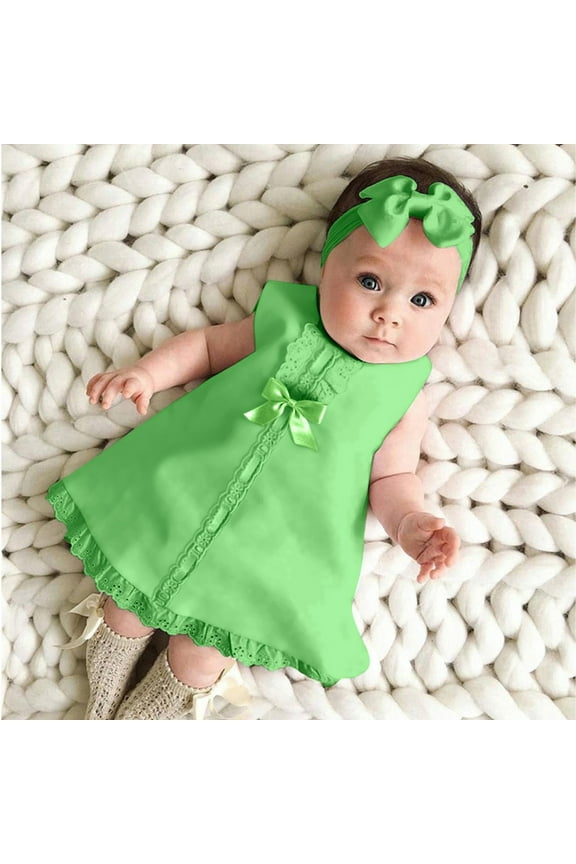 UTTOASFAY Baby Girls Dress Newborn Baby Girl Sleeveless Casual Maxi Bow Dress+Headband Set Outfit Green 6-12 Months