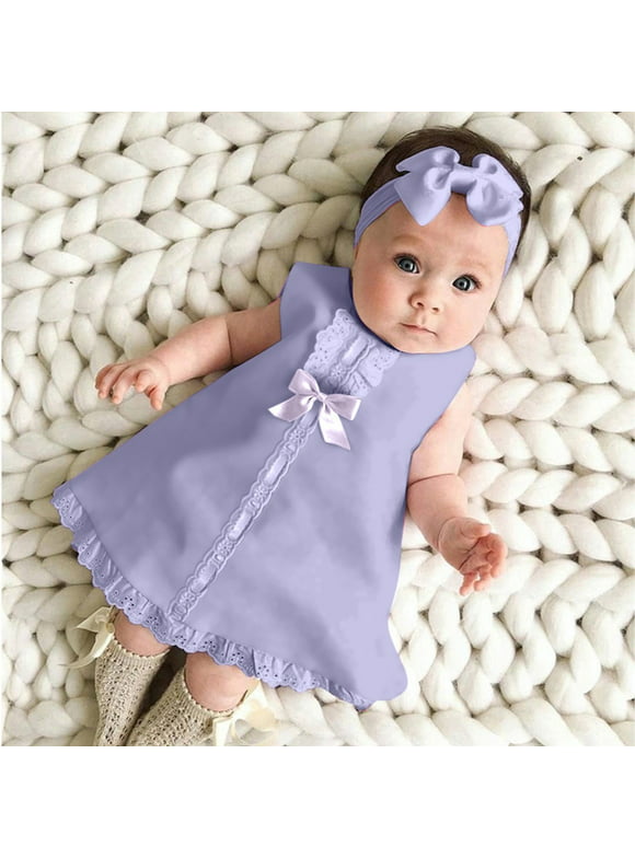 LoyisViDion Baby Girls Dress Clearance Newborn Baby Girl Sleeveless Casual Maxi Bow Dress+Headband Set Outfit Purple 6-12 Months