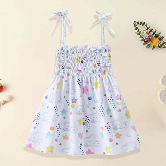 UTTOASFAY Baby Girls Dress Summer Toddler Baby Girls Sleeveless Sling Dress Graphic Print Children's Clothing White 4-5 Years