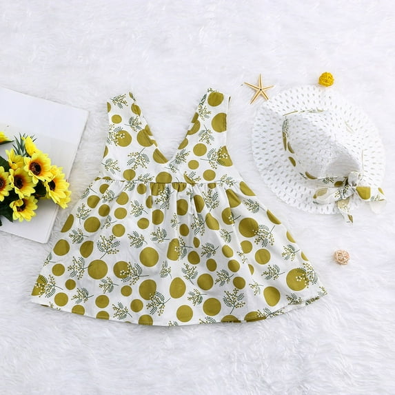 UTTOASFAY Baby Girls Dress Toddler Baby Kids Girl Sleeveless Strap Dot Print Bow Princess Dresses Hat Yellow 6-12 Months