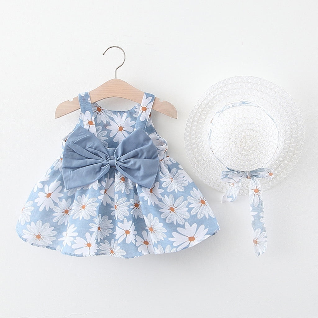 LoyisViDion Baby Girls Dress Clearance Toddler Baby Kids Girls Floral Flowers Princess Dress Hat Outfits Clothes Light blue 12-18 Months