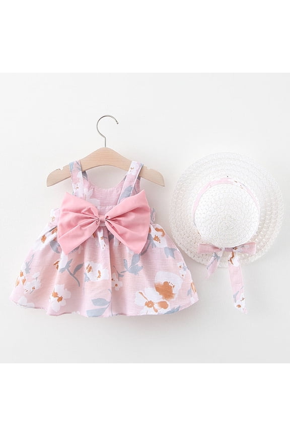 UTTOASFAY Baby Girls Dress Toddler Baby Kids Girls Floral Flowers Princess Dress Hat Outfits Clothes Pink 12-18 Months