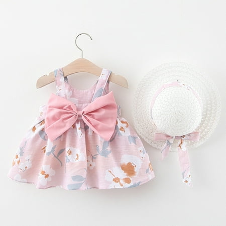 LoyisViDion Baby Girls Dress Toddler Baby Kids Girls Floral Flowers Princess Dress Hat Outfits Clothes Pink 18-24 Months