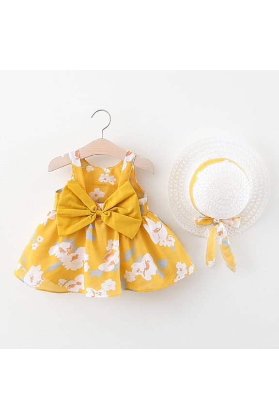 UTTOASFAY Baby Girls Dress Toddler Baby Kids Girls Floral Flowers Princess Dress Hat Outfits Clothes Yellow 18-24 Months